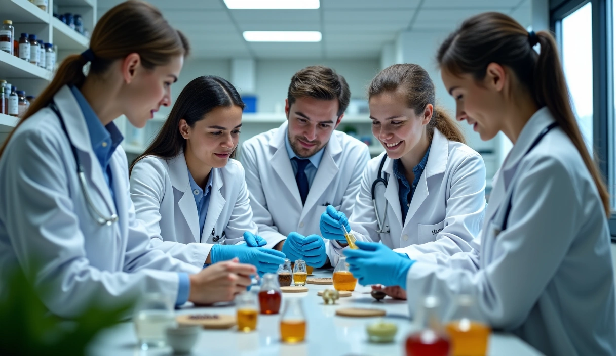 Zespół Glucorownowaga pracujący z naturalnymi składnikami w laboratorium, symbolizujący zaufanie i etykę.